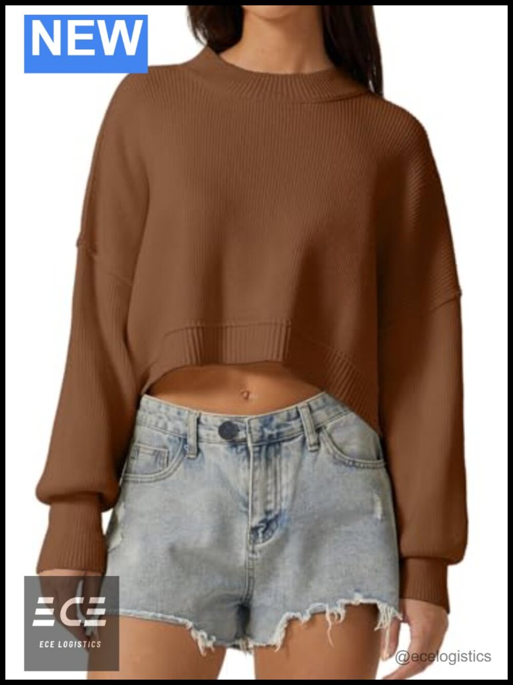 Mock Neck Cropped Sweater Drop Shoulder Oversized Knit Pullover